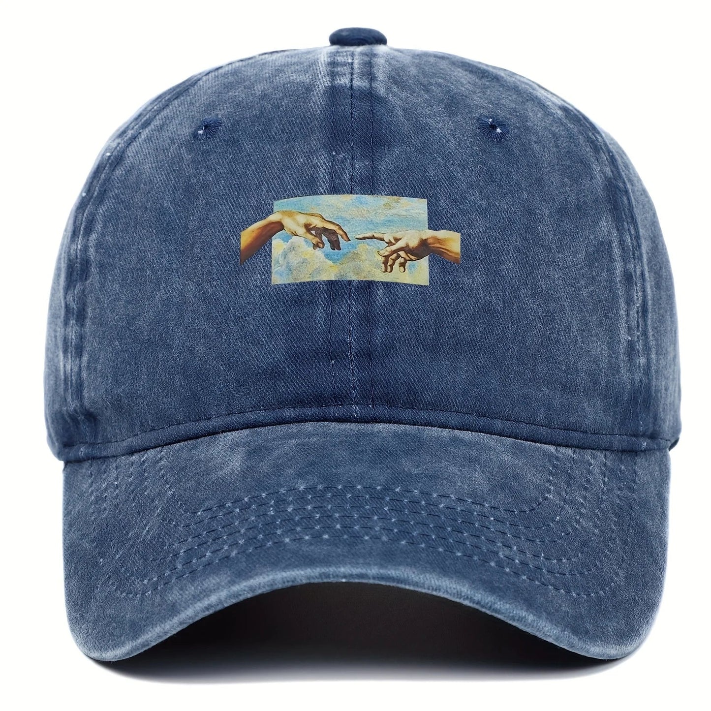 Renaissance washed cotton cap unisex beige Creation of Adam panel adjustable buckle pre-curved brim
