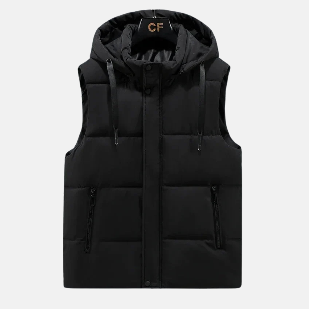 Men's black quilted puffer vest water-resistant hood lightweight insulation outdoor adventure layer