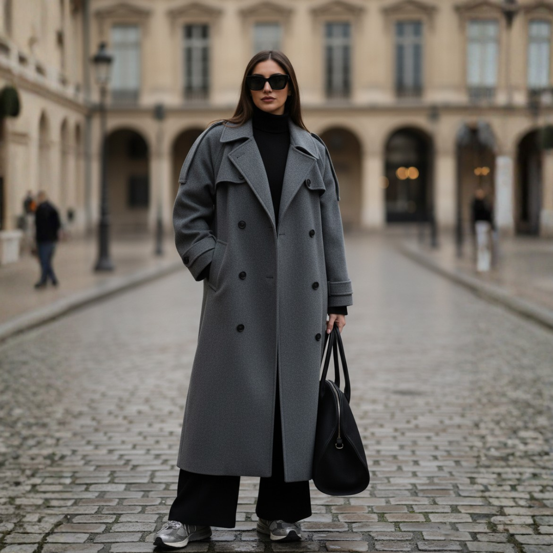 Women's oversized maxi trench coat double-breasted in gray, black, or dark brown for cold weather