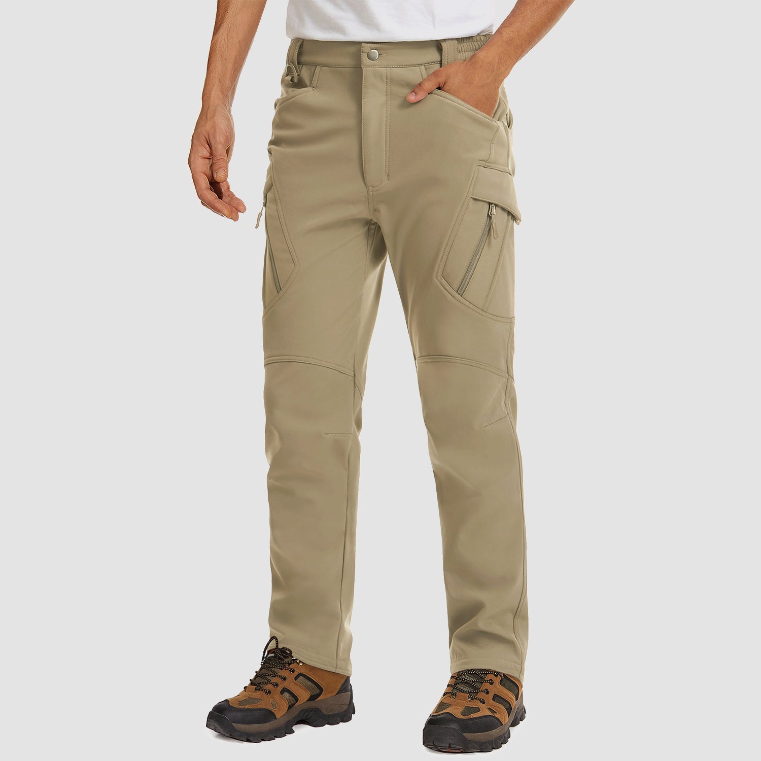 Men's fleece-lined ripstop tactical pants with 9 pockets, water-repellent durable outdoor cargo style