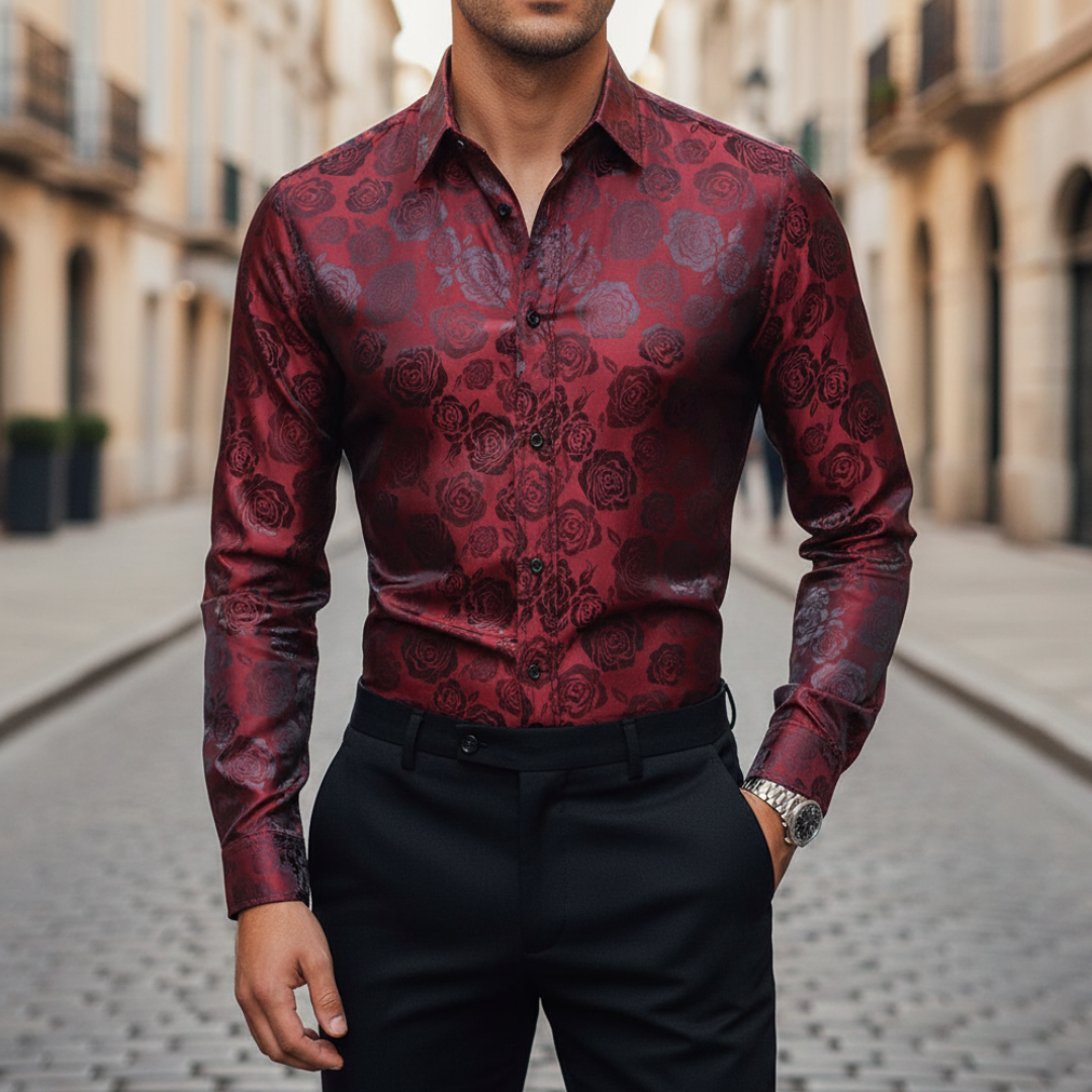 Men's black satin jacquard rose slim fit dress shirt with tone-on-tone floral pattern long sleeves