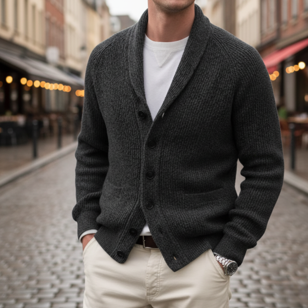 Men's thick knit cardigan shawl collar front button closure cozy winter sweater neutral tone