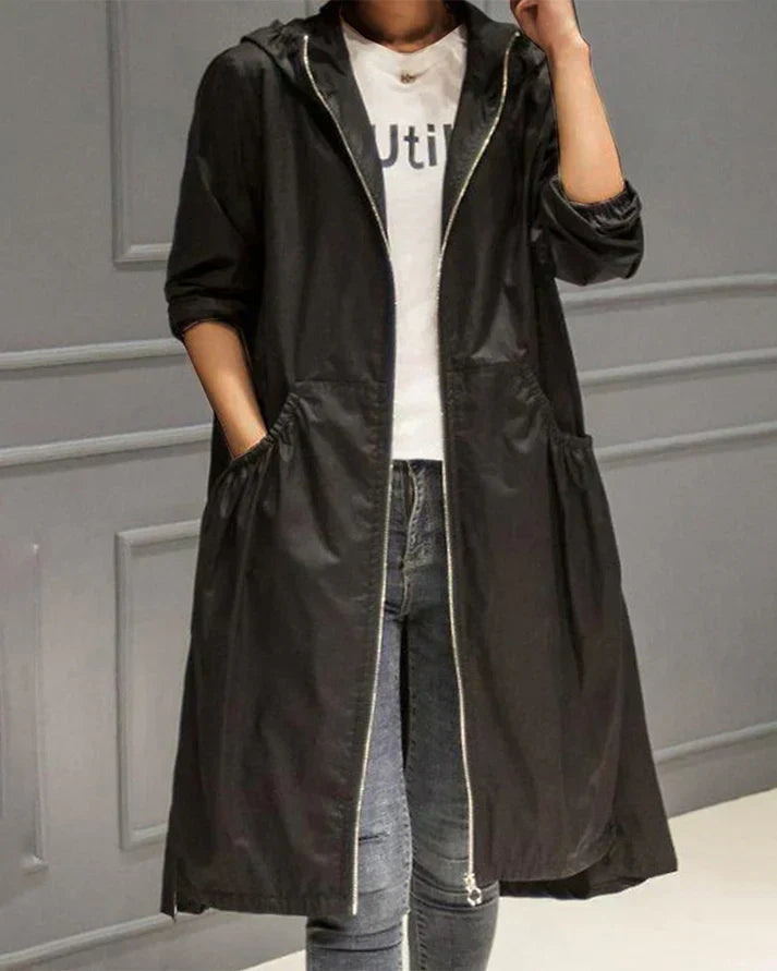 Women's long warm casual jacket in elegant style, comfortable durable everyday coat for cool days