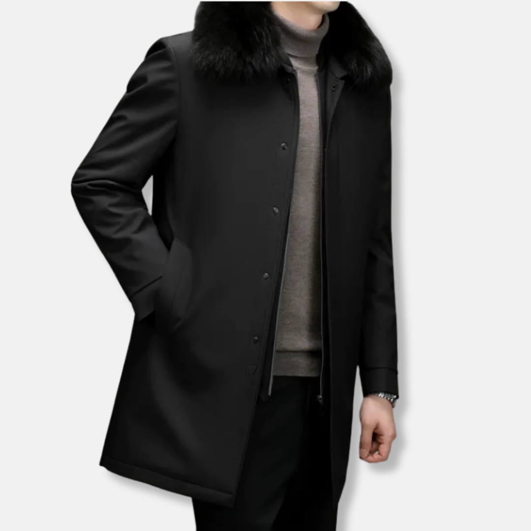 Men's woven blend mid-length jacket dark tone stand collar detachable faux fur modern structured fit