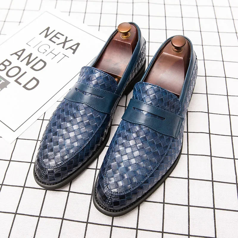 Men's brown handwoven leather loafer almond toe silhouette cushioned footbed non-slip sole