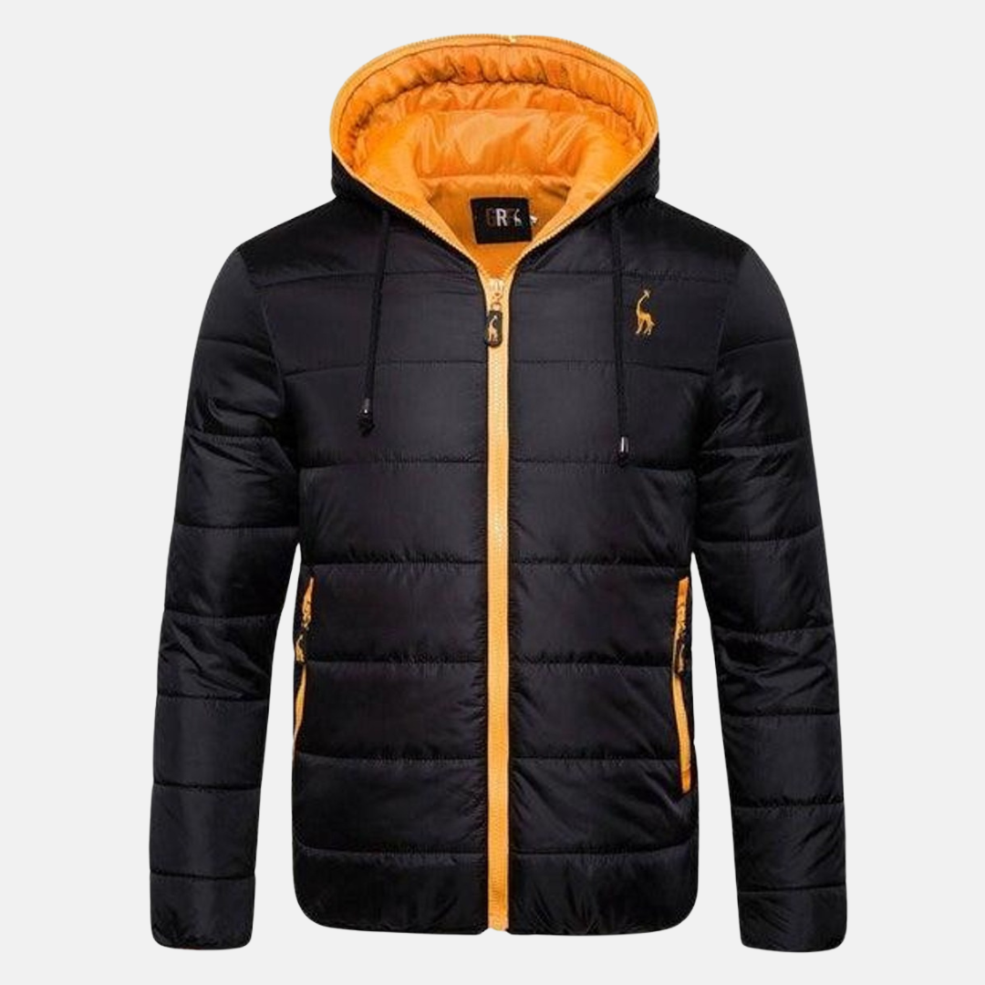 Men's regular fit hooded down jacket water-resistant zipper closure for fall winter warmth