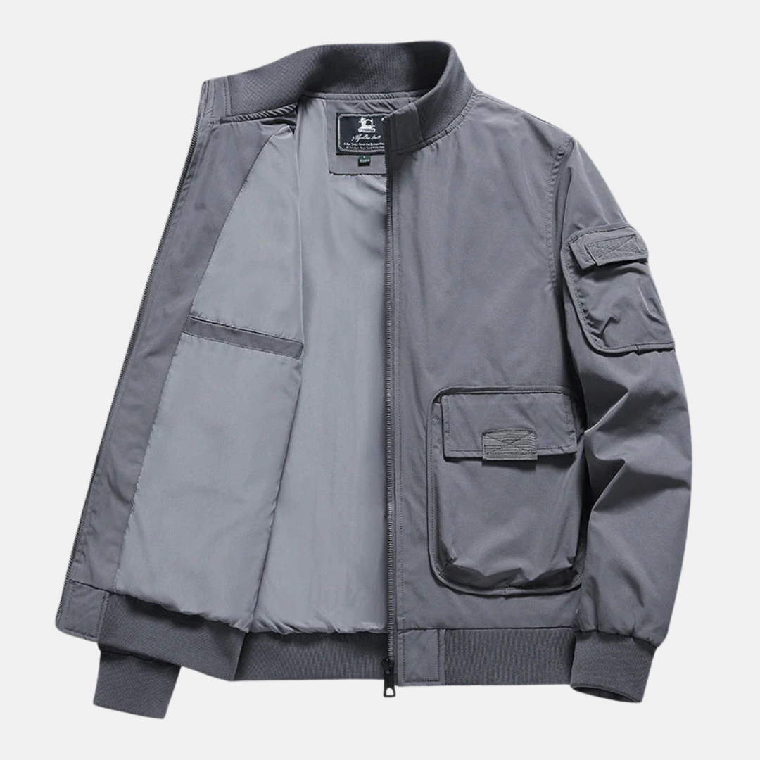 Men's navy bomber jacket relaxed fit lightweight wind-resistant full-zip with patch pockets
