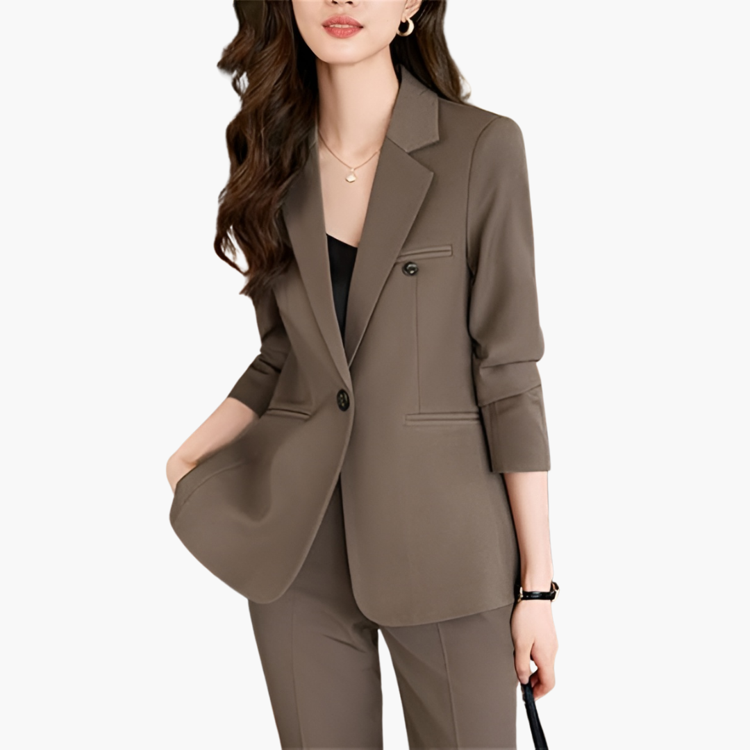 Women's two-piece blazer set lapel collar front button closure matching trousers professional workwear