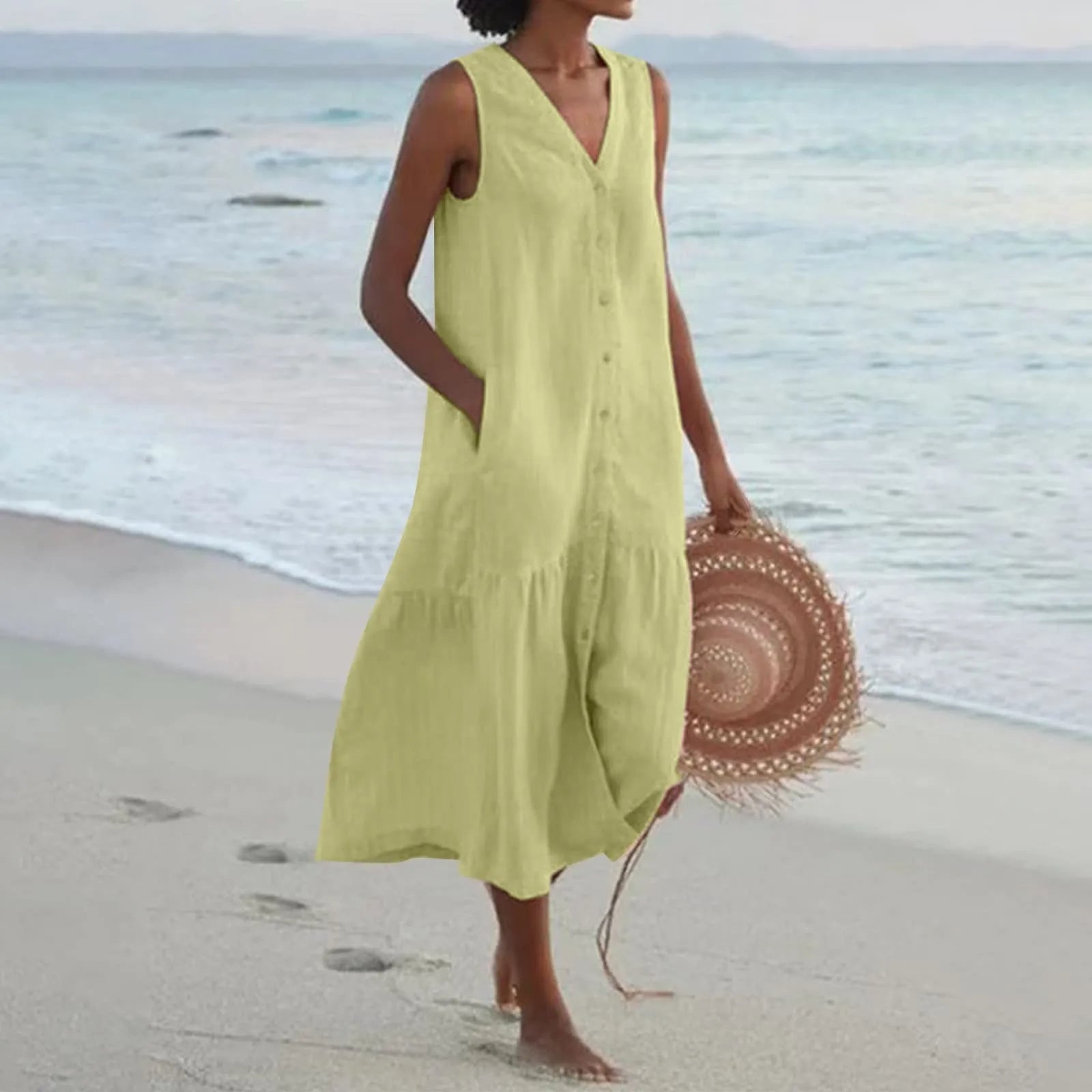 Women's elegant linen dress V-neck breathable silhouette versatile spring summer all-occasion style
