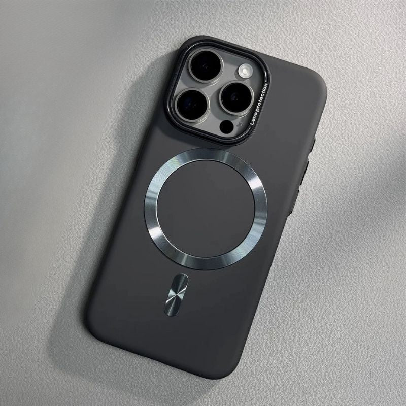 MagSafe iPhone case matte finish metal detailing shockproof durable sleek tech protection