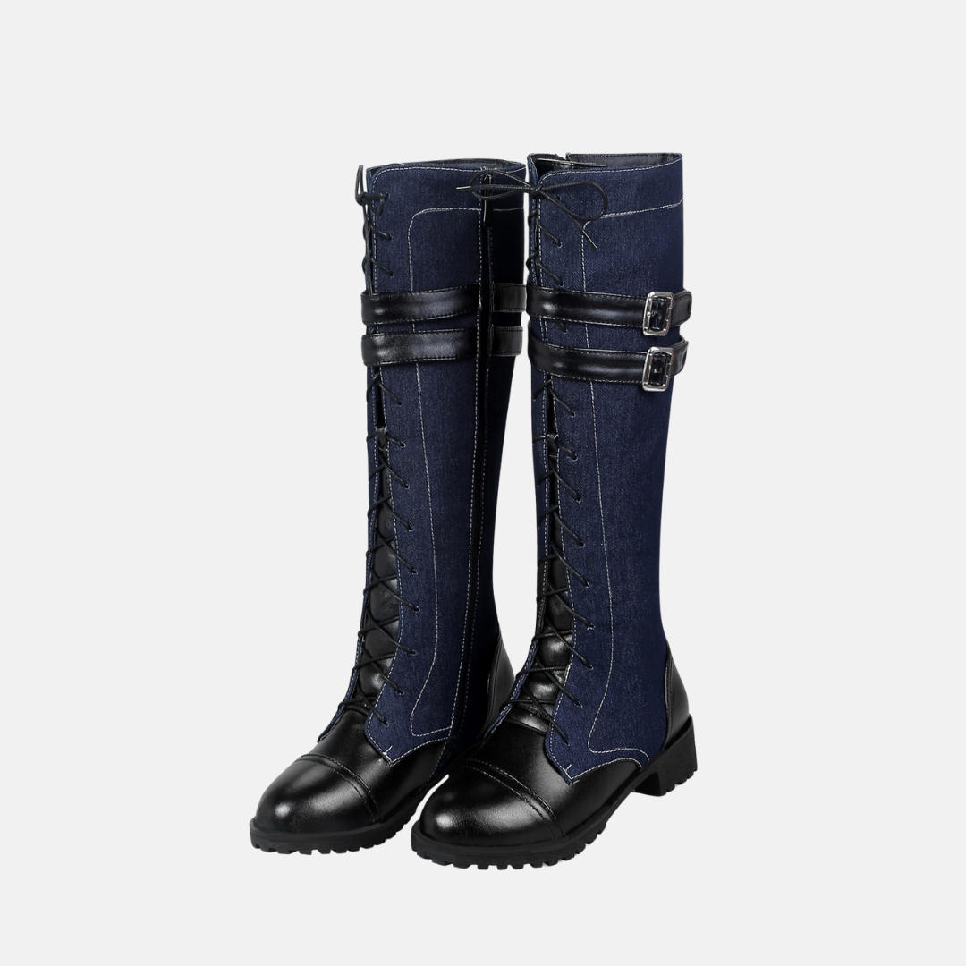 Women's black knee-high lace-up faux leather boots with structured silhouette and chic fall style