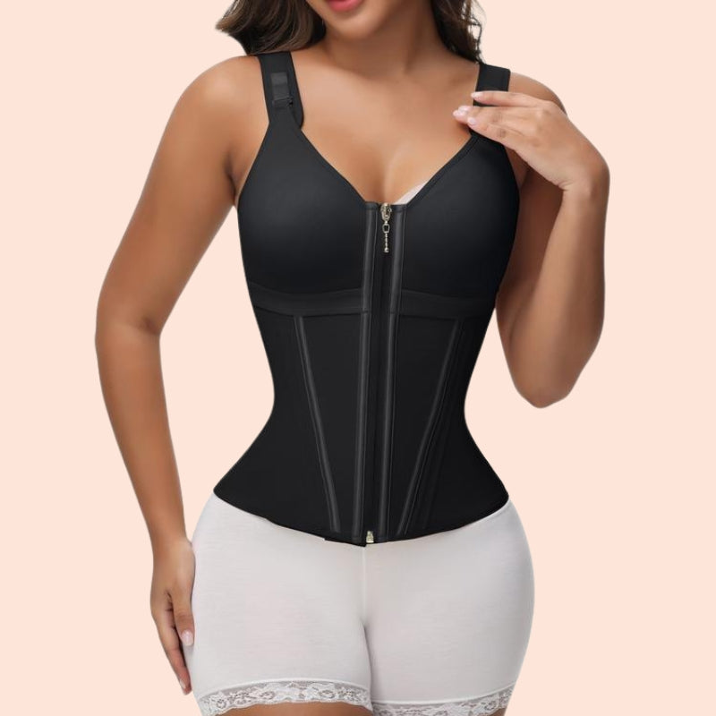 Black women's waist trainer with built-in bra, posture correction support, and adjustable no-roll straps