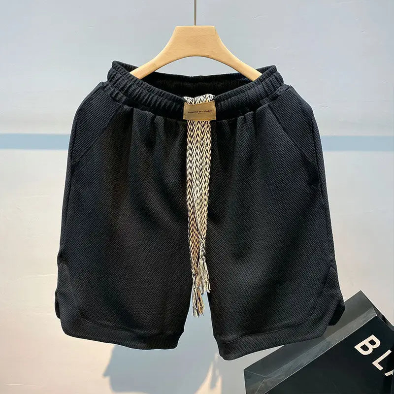 Men's waffle knit cotton shorts with oversized rope drawstring, relaxed fit, deep side pockets