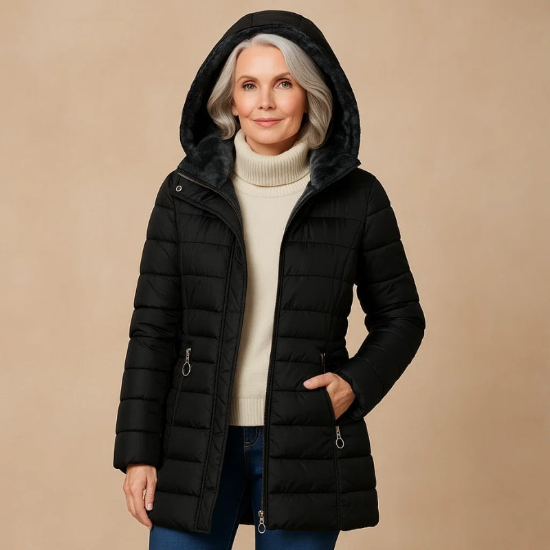 Black oversized winter jacket with cloud-soft plush lining and sculpted shell for cold weather