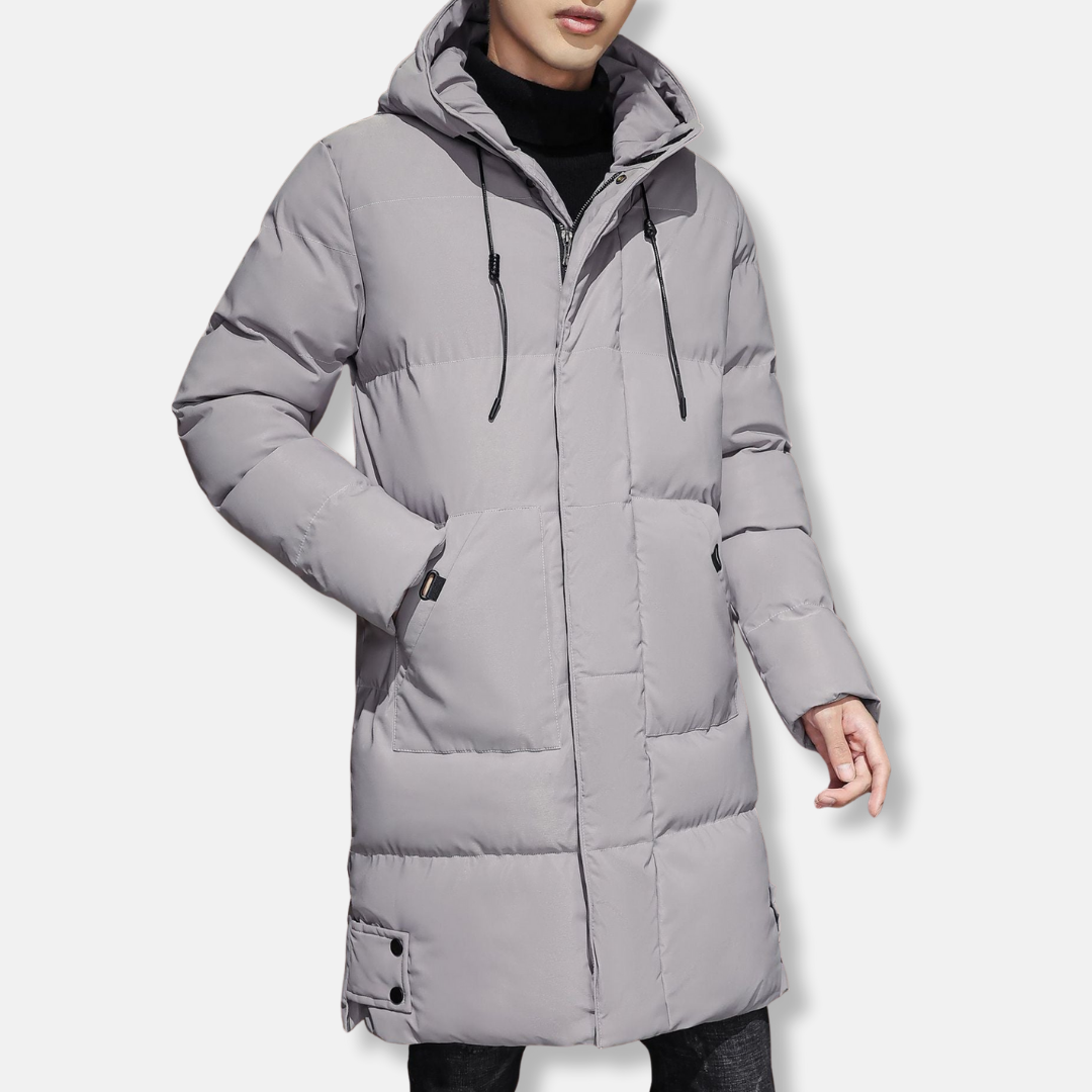 Men's woven padded hooded mid-thigh coat relaxed fit lightweight insulation urban winter style