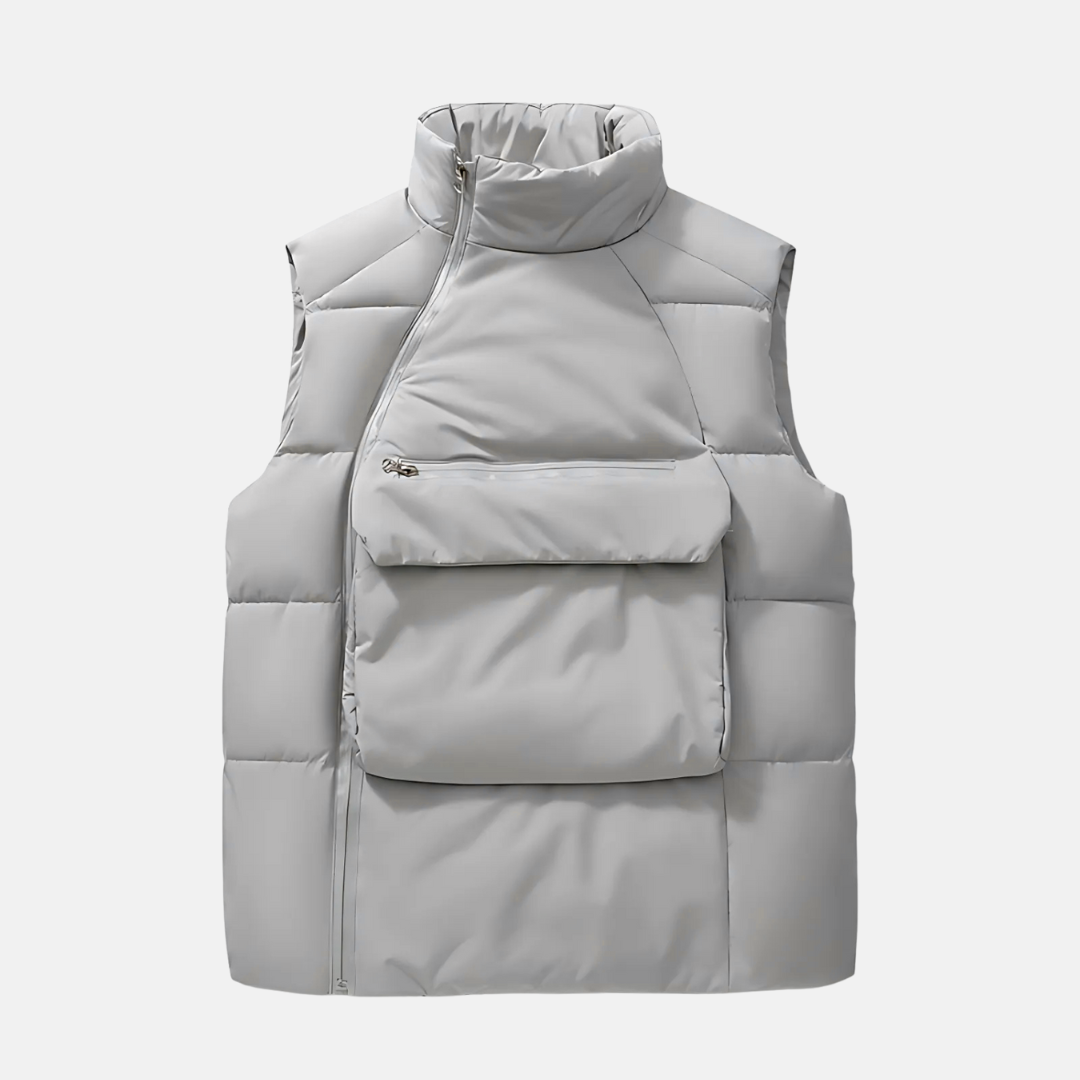 Men's navy quilted puffer vest slim fit stand collar asymmetrical zip lightweight layering essential