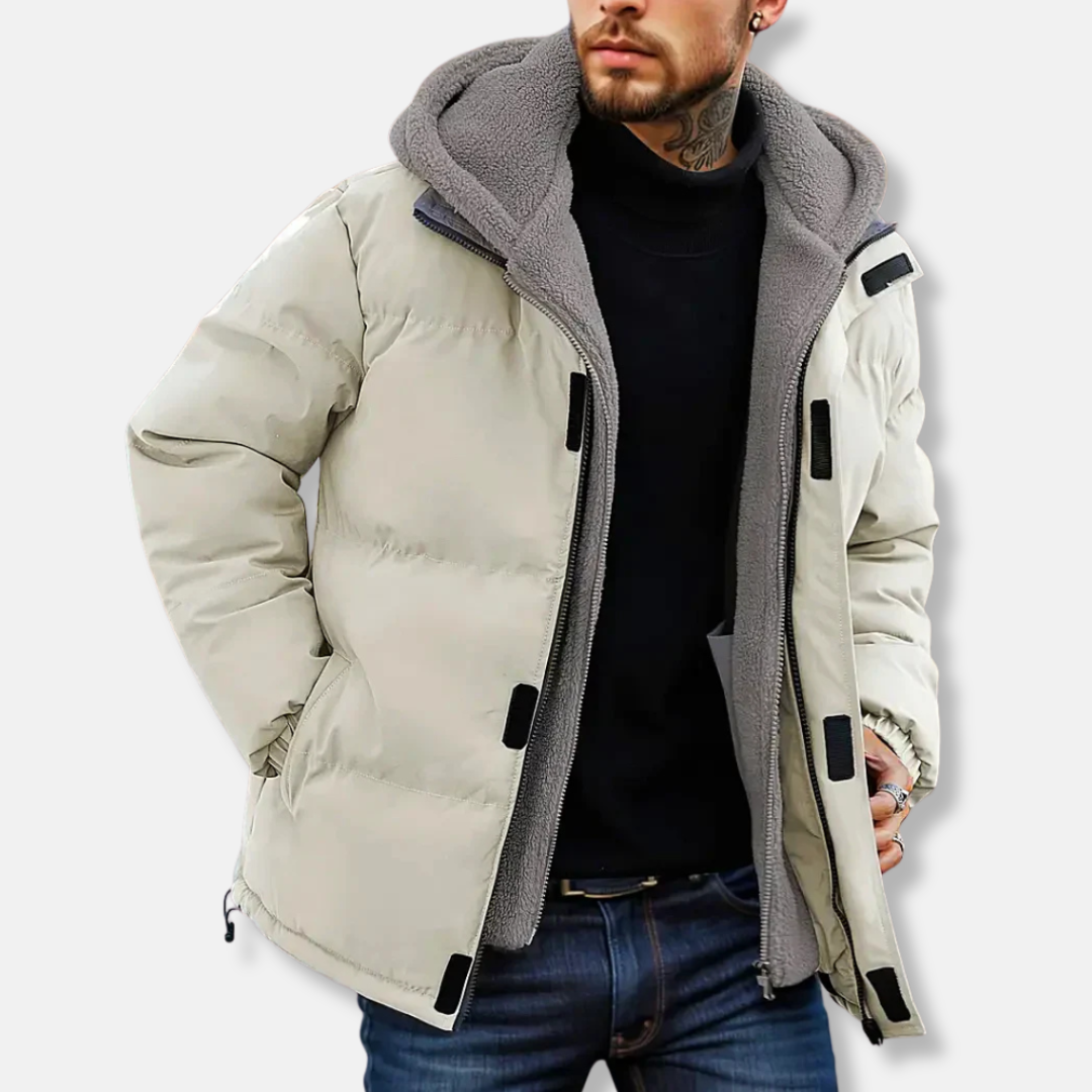 Men's black quilted puffer jacket with fleece-lined hood, water-resistant finish for all-day warmth