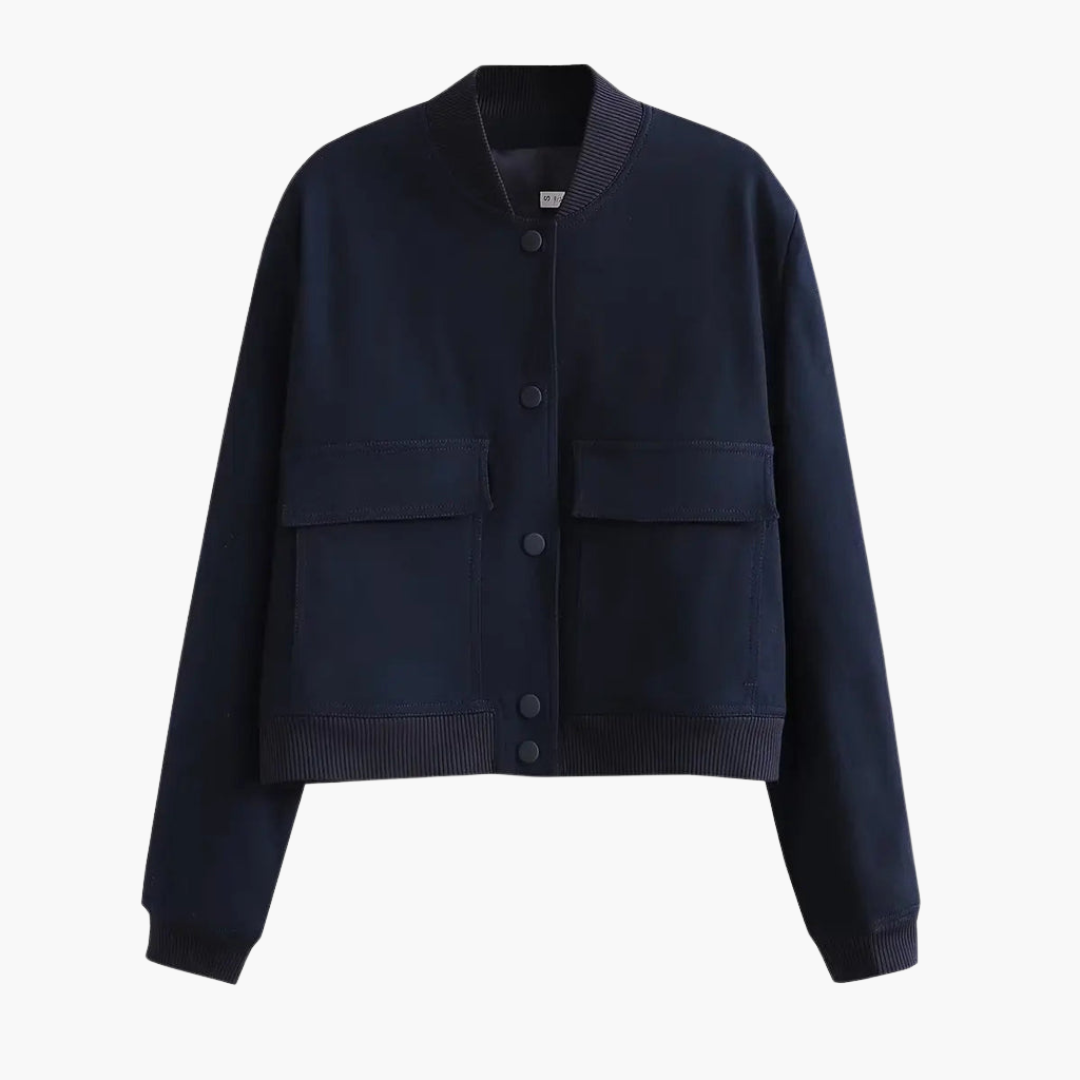 Women's olive utility bomber jacket relaxed fit with large front flap pockets for everyday layering