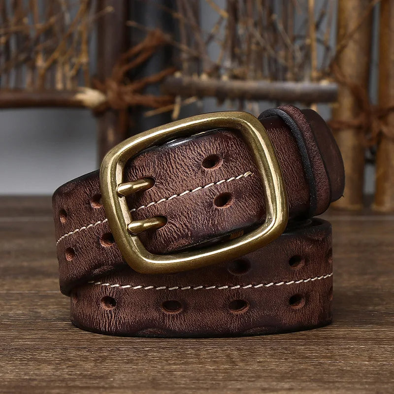 Men's full-grain leather belt in vintage brown with handcrafted solid brass buckle and rugged texture