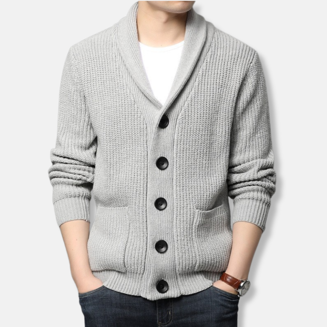 Men's ribbed knit cardigan sweater with shawl collar and patch pockets smart casual style