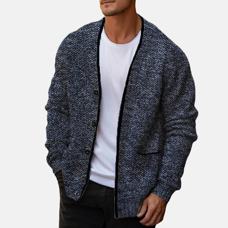 Men's wool blend relaxed fit V-neck cardigan sweater with button-front, ideal for smart-casual layering