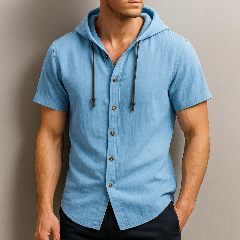 Beige cotton-linen blend unisex hoodie shirt with short sleeves, drawstring hood, and curved hem