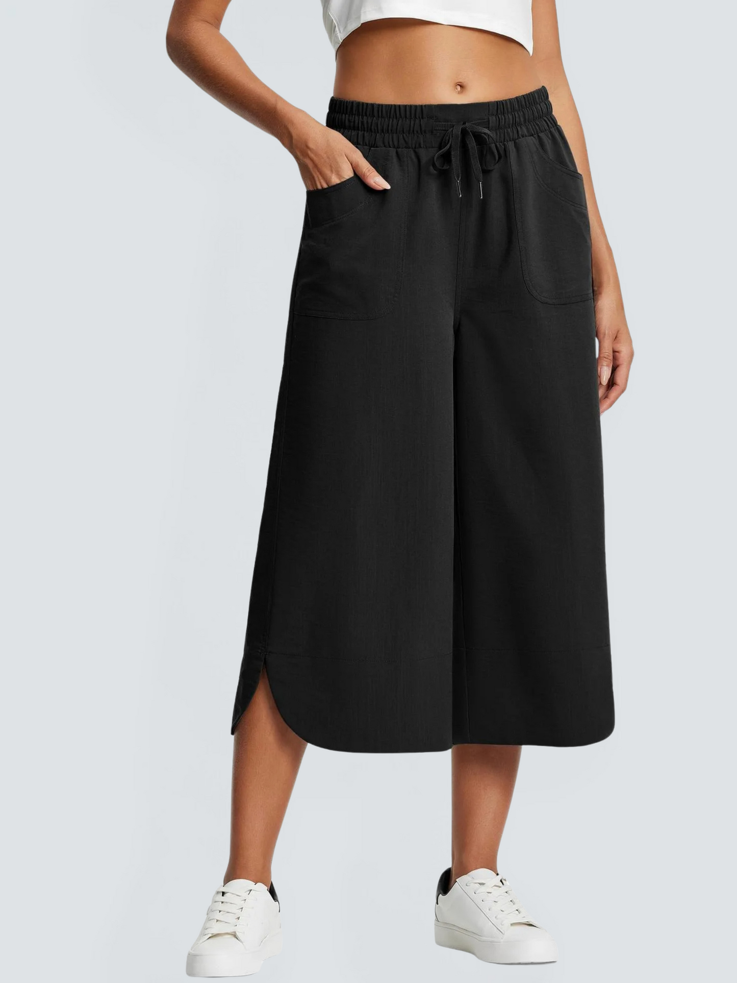 Women's wide leg capri pants lightweight breathable cotton blend with smooth stretch waistband