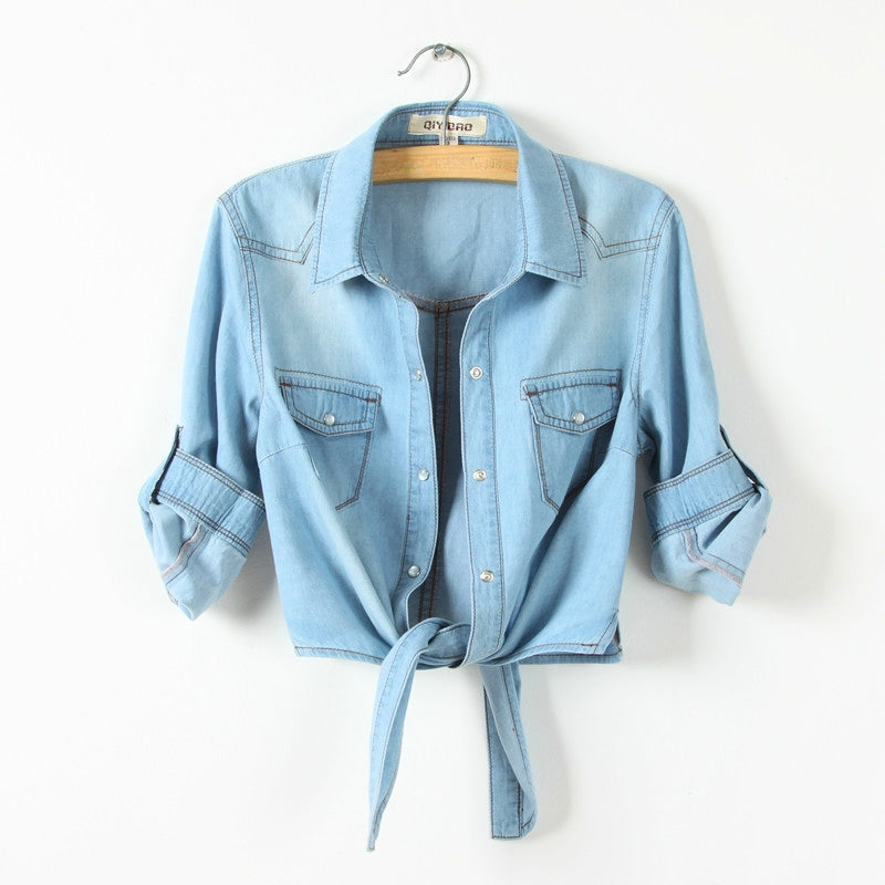 Women's lightweight soft-touch denim shirt with adjustable tie-front detail for versatile day-to-night styling