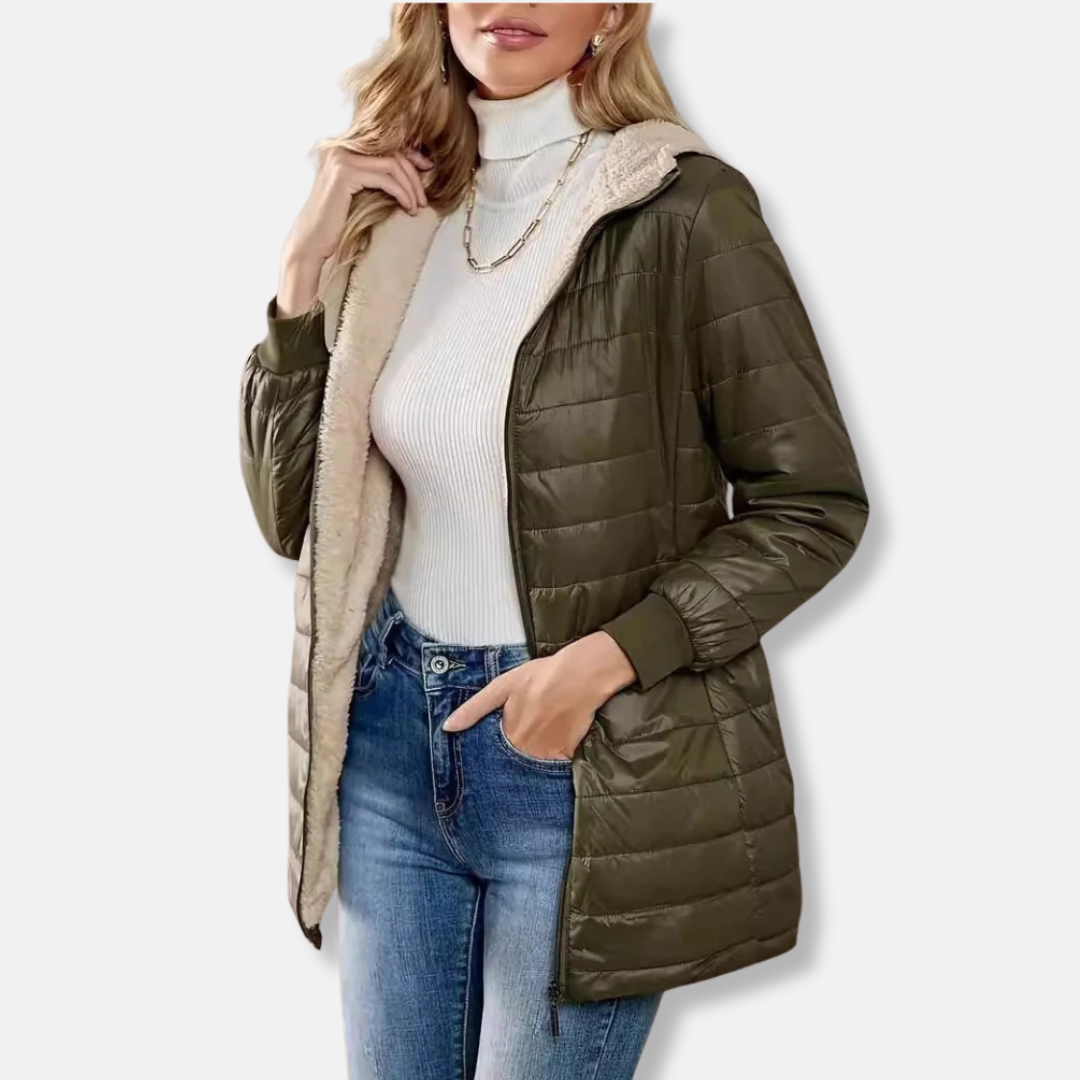 Sienna quilted puffer jacket women hooded relaxed fit mid-thigh length contrast hood lining