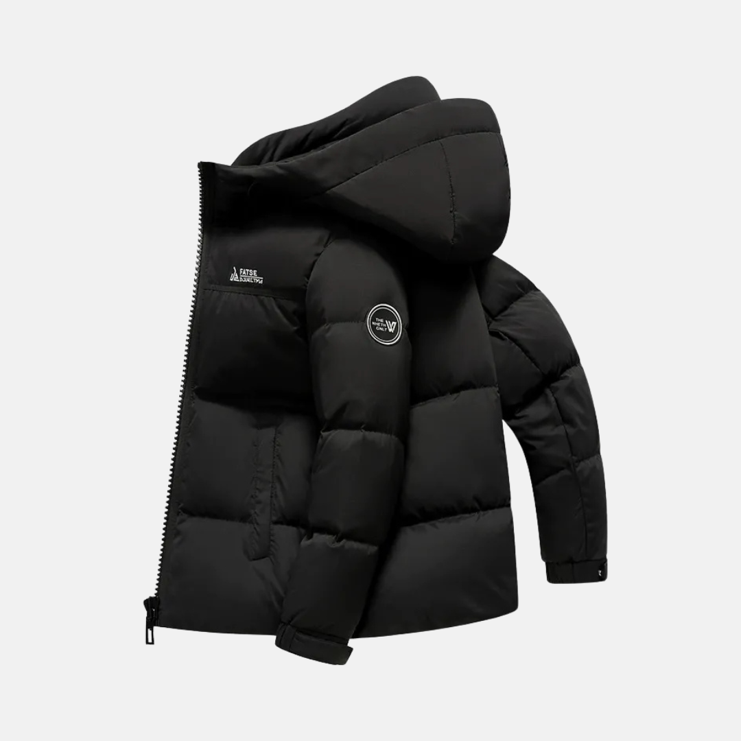 Men's navy nylon puffer jacket hip-length hooded padded insulation durable winter coat regular fit