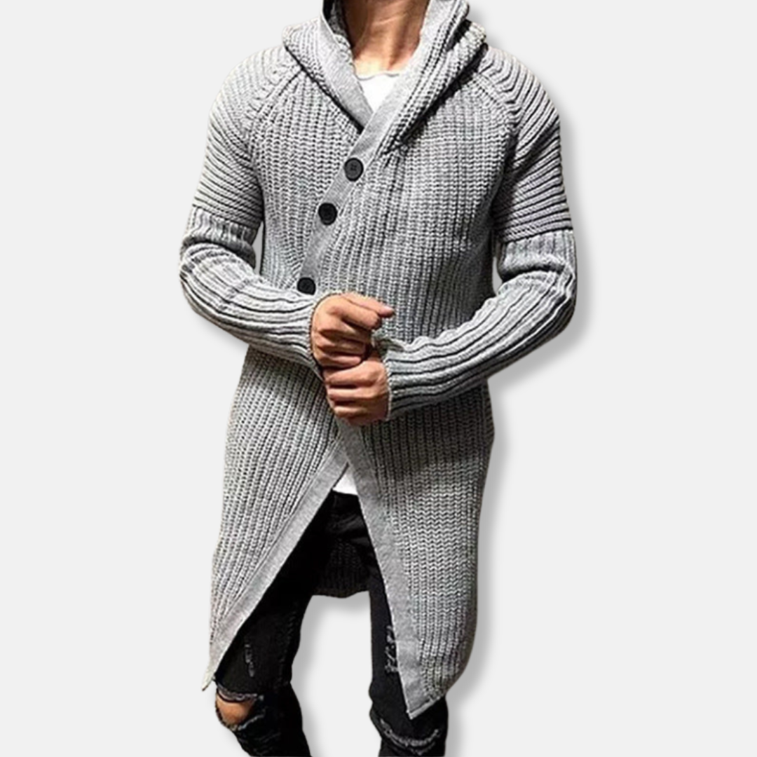 Men's wool blend hooded shawl collar longline cardigan chunky-knit relaxed fit cold-weather layer