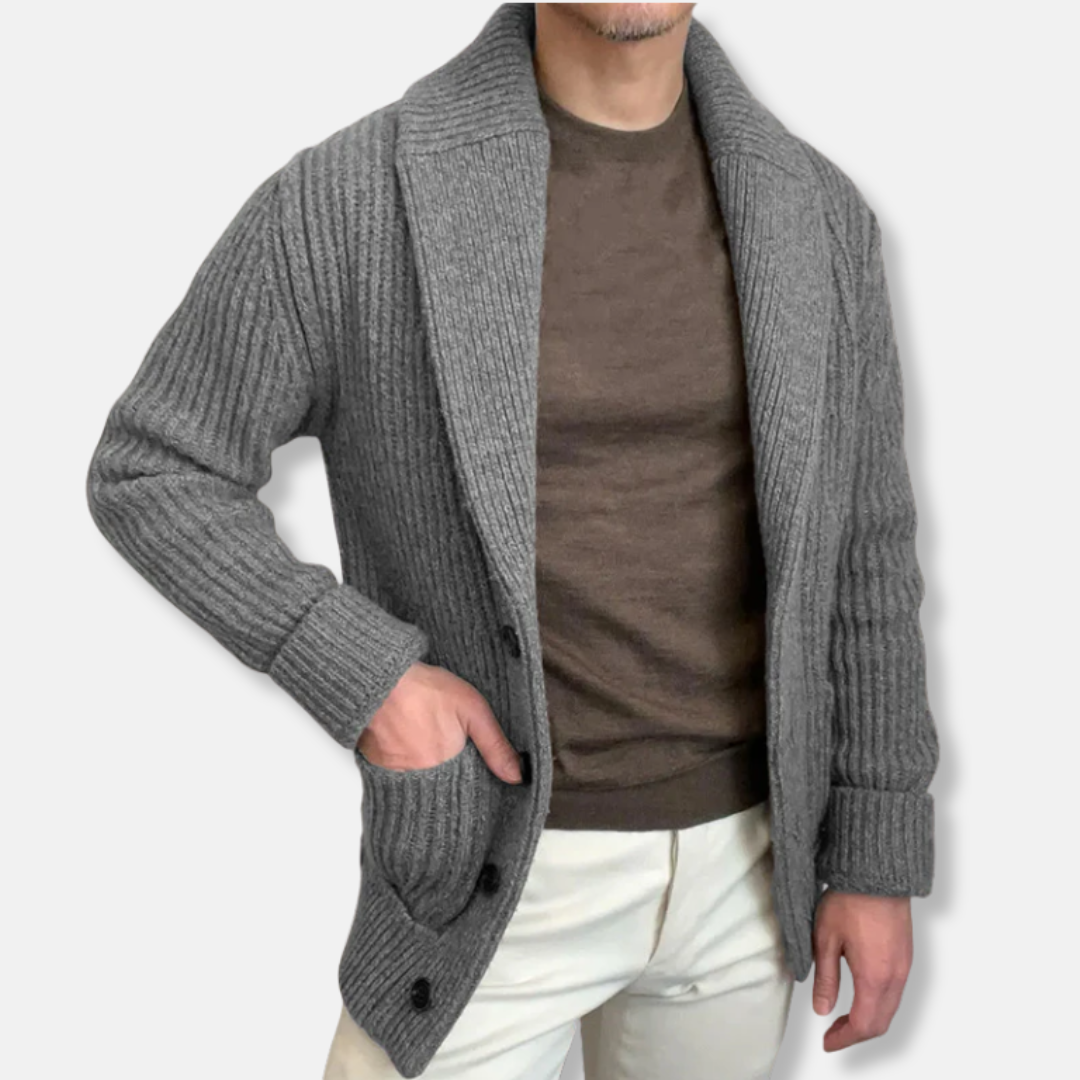 Men's wool blend shawl collar cardigan relaxed fit ribbed knit for fall winter layering