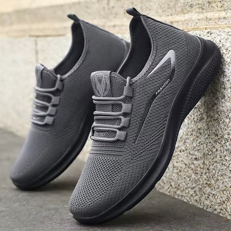 Gray orthopedic knit sneakers with barefoot-light sole and soft woven sock-like support