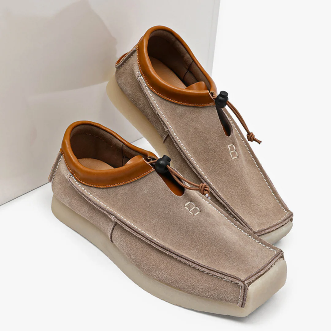 Men's tan suede square toe loafers handcrafted with genuine leather detailing for lasting comfort