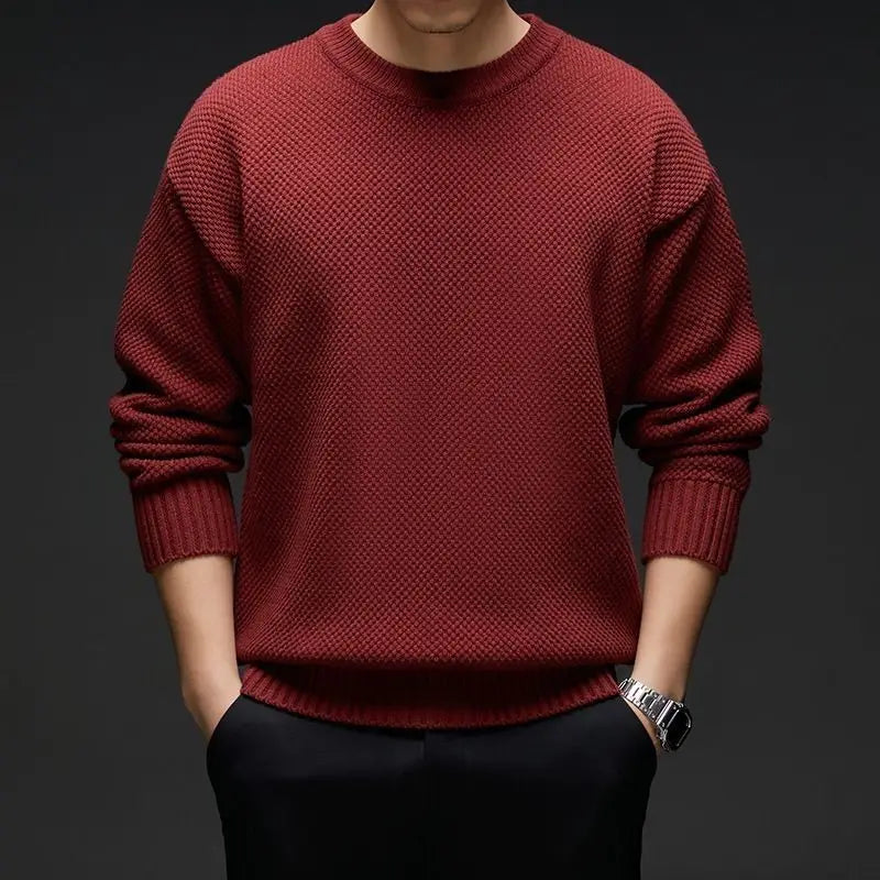 Unisex waffle knit crewneck sweater cotton blend midweight structured fit textured pattern everyday essential