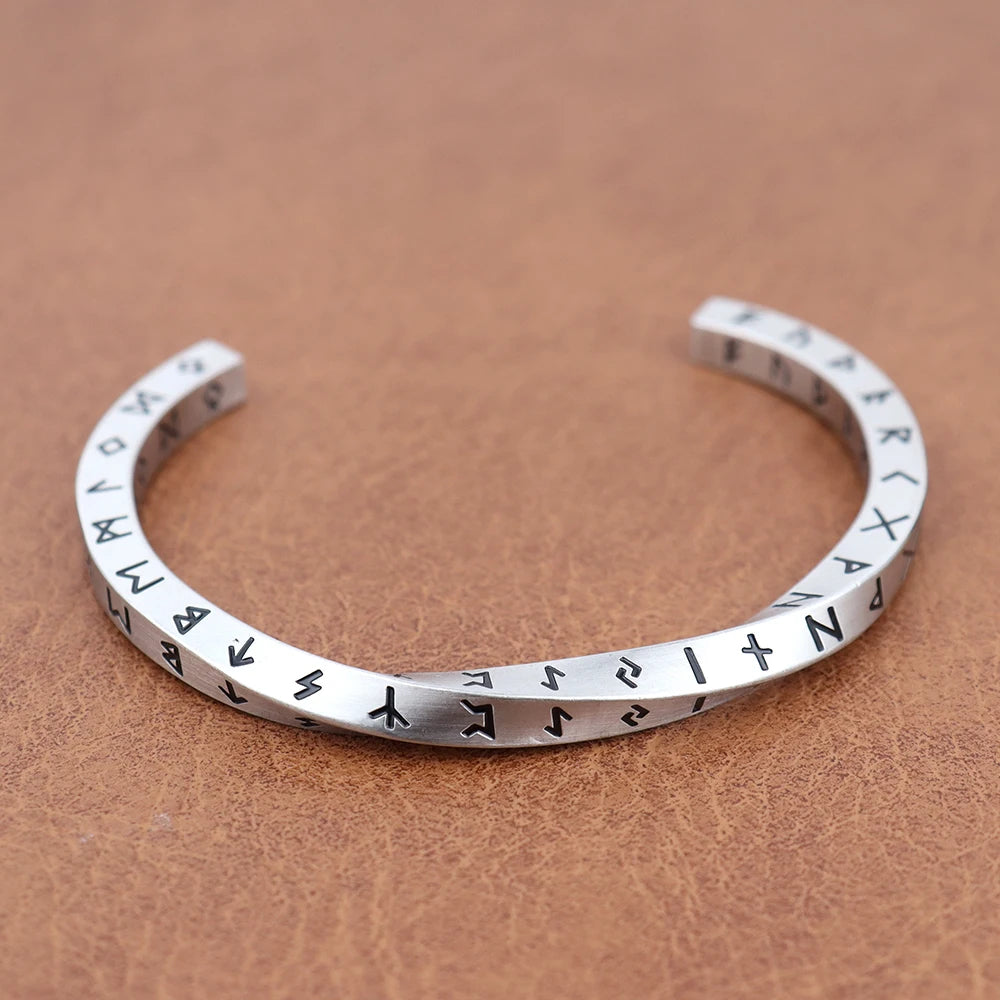 Heavy-duty stainless steel Viking cuff bracelet with Elder Futhark runic engraving, antique finish