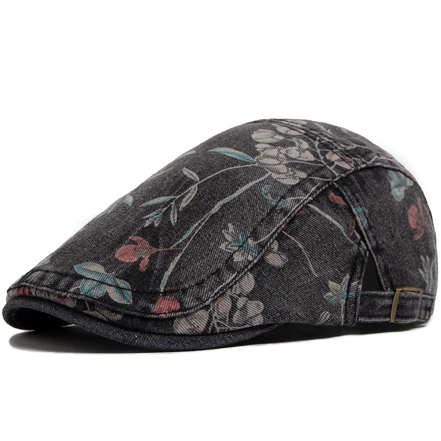 Denim flat cap vintage floral print breathable cotton newsboy style unisex hat blue