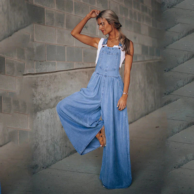 Women's denim overalls high waist wide-leg silhouette adjustable straps chest pocket casual comfort