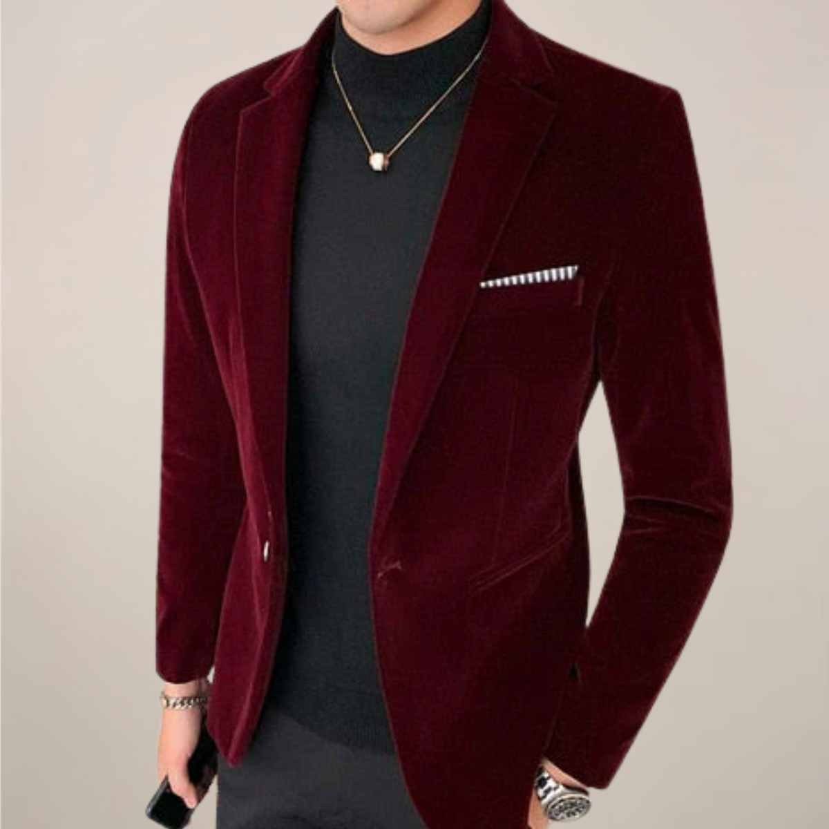 Men's slim tailored velvet blazer in deep tone with classic lapels for formal evening occasions