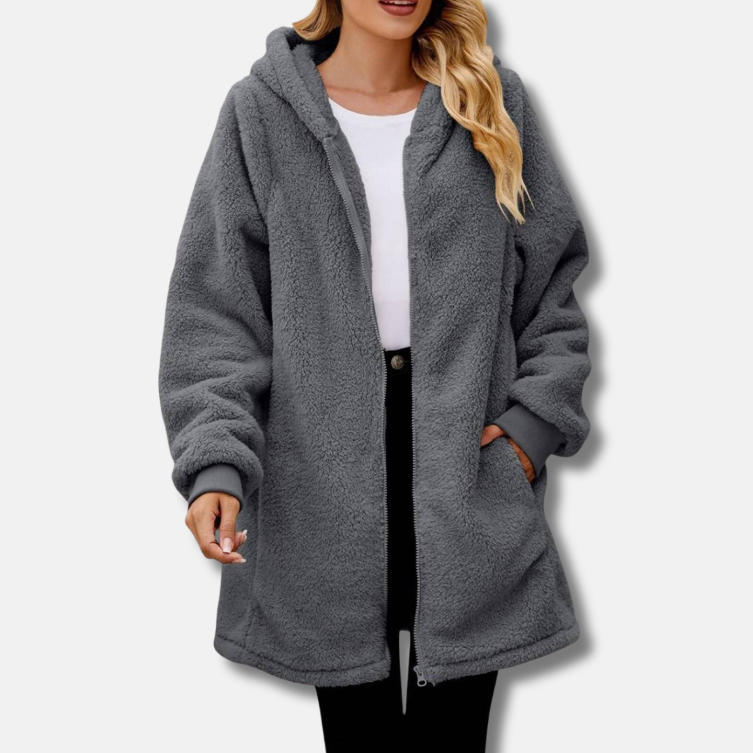 Women's plush oversized hooded zip jacket cozy relaxed fit with front pockets fall winter layer