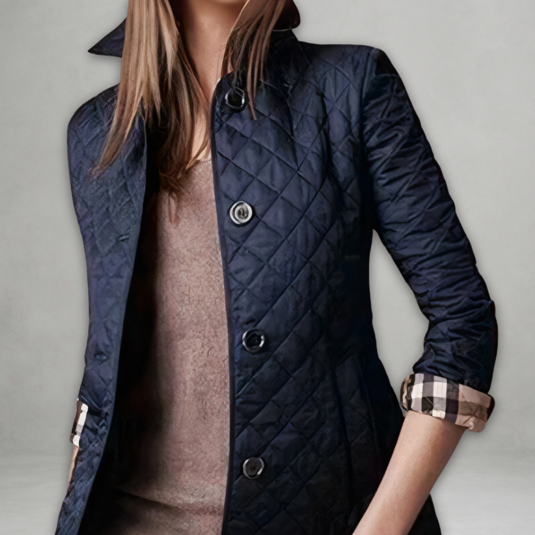 Black quilted button-front jacket tailored silhouette with structured texture for city wear