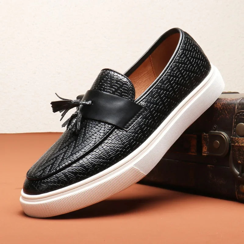 Men's brown woven leather loafers slip-on style with tassel accent and cushioned comfort
