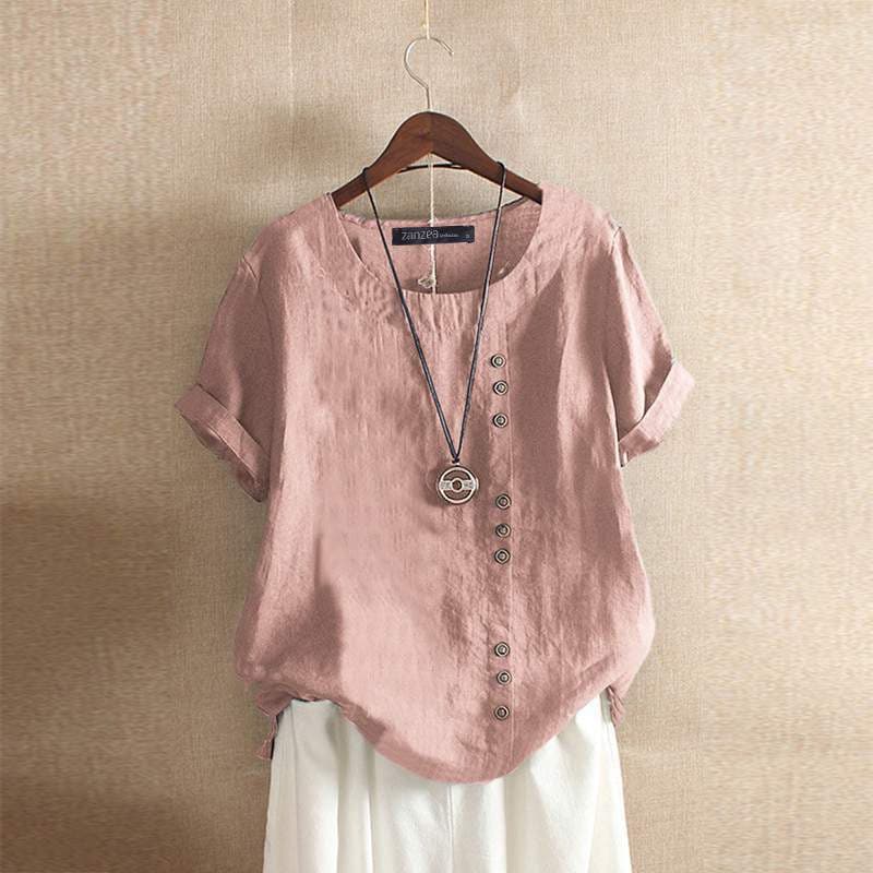Women's relaxed fit cotton blend blouse short sleeves asymmetrical front buttons everyday casual top