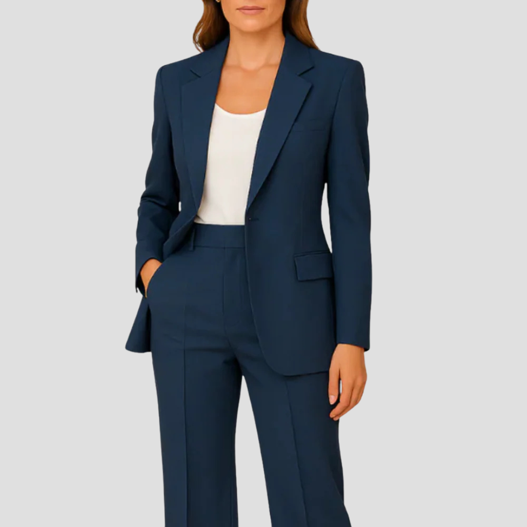 Women tailored suit set long blazer straight-leg trousers single-button professional elegant look