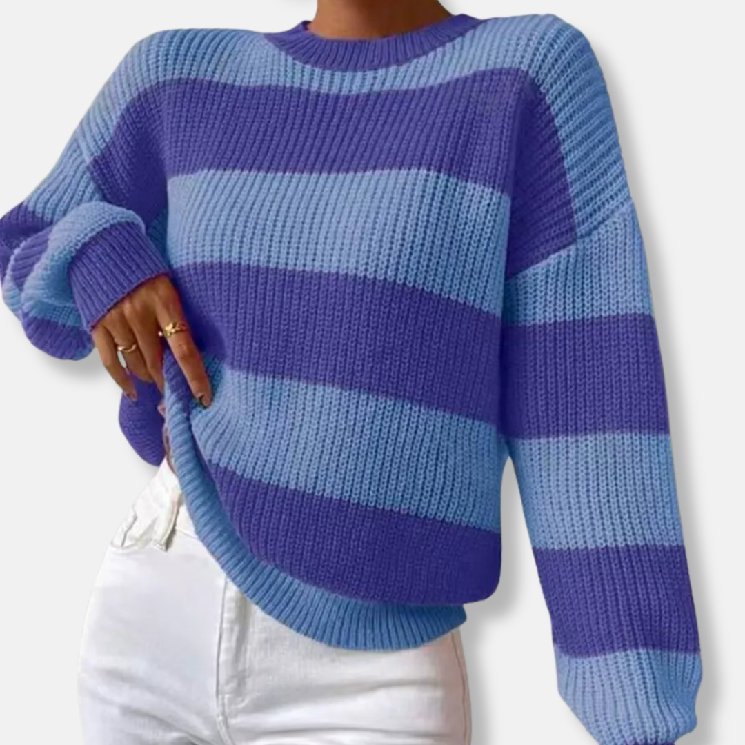 Women's striped ribbed knit sweatshirt loose fit balloon sleeves round neck cozy everyday wear