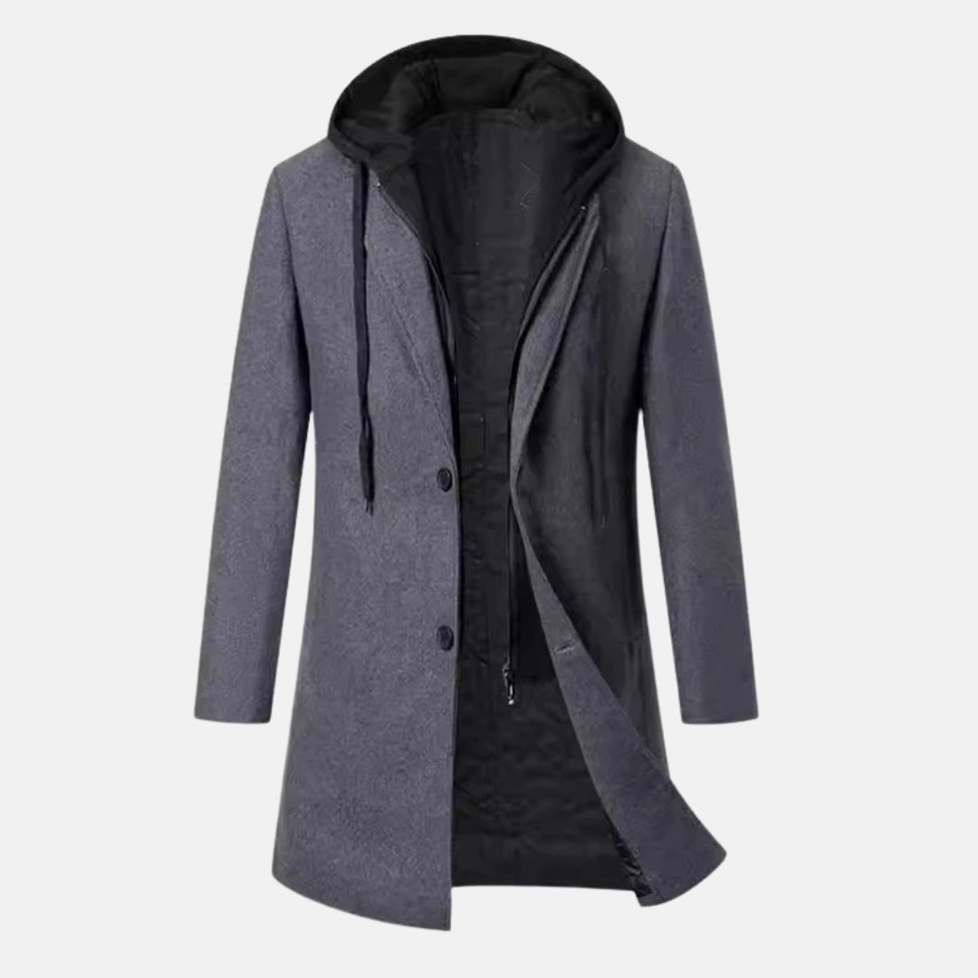 Men's charcoal wool blend overcoat tailored mid-length with quilted lining and removable hood
