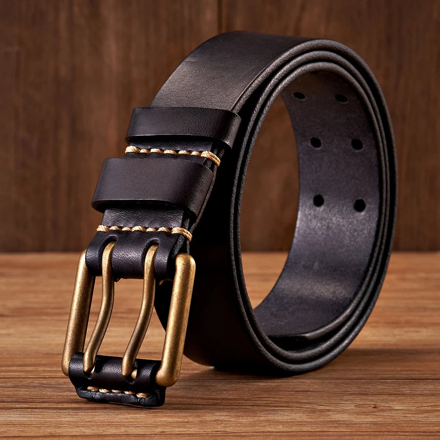 Men's full-grain leather belt tailored fit brass double-prong buckle durable brown everyday wear