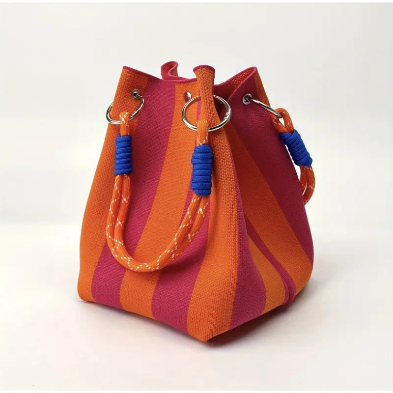 Moxie mini bucket bag durable canvas navy stripe padded rope handles magnetic closure city style