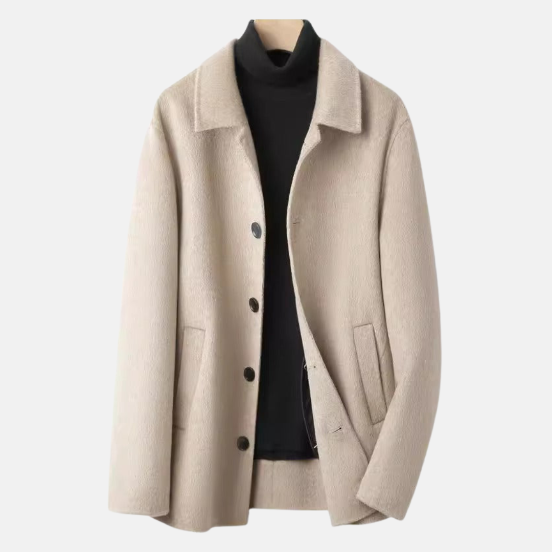 Men's regular fit wool car coat in classic neutral tone with button front closure and tailored silhouette