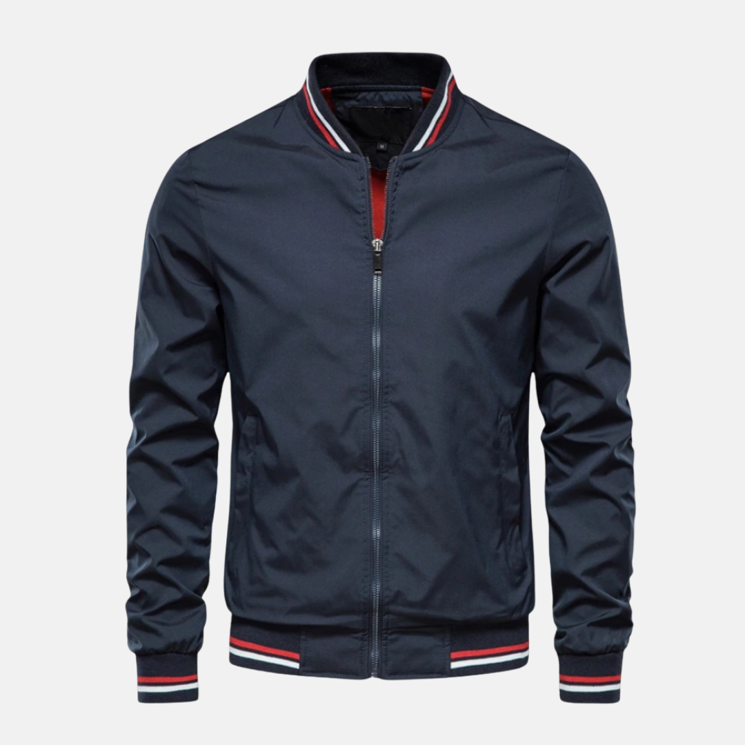 Men's black PU leather bomber jacket relaxed fit with striped ribbed edges and zip closure